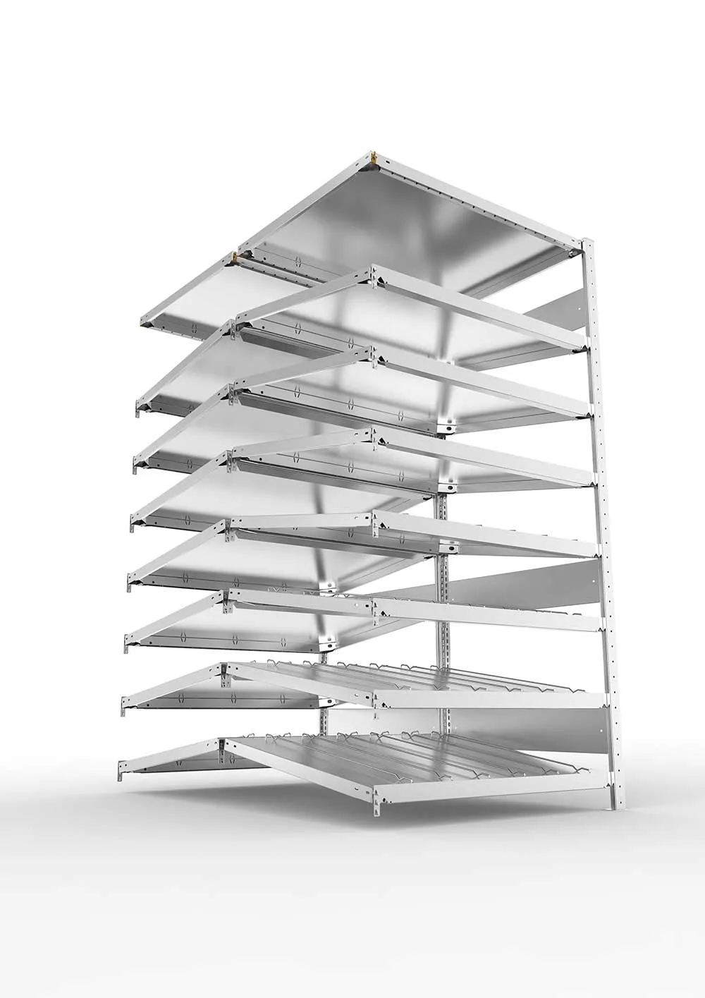 Metallregal Schrägbodenregal Metallregal 14° S3 Doppelanbauregal für Regalsystem Metall 2000 x 1000 x1600 ( 2 x 800 ) vzk kpl. ( KANBAN )Doppelzeiliges Regal mit 16 Böden (230 kg Tragkr.)
