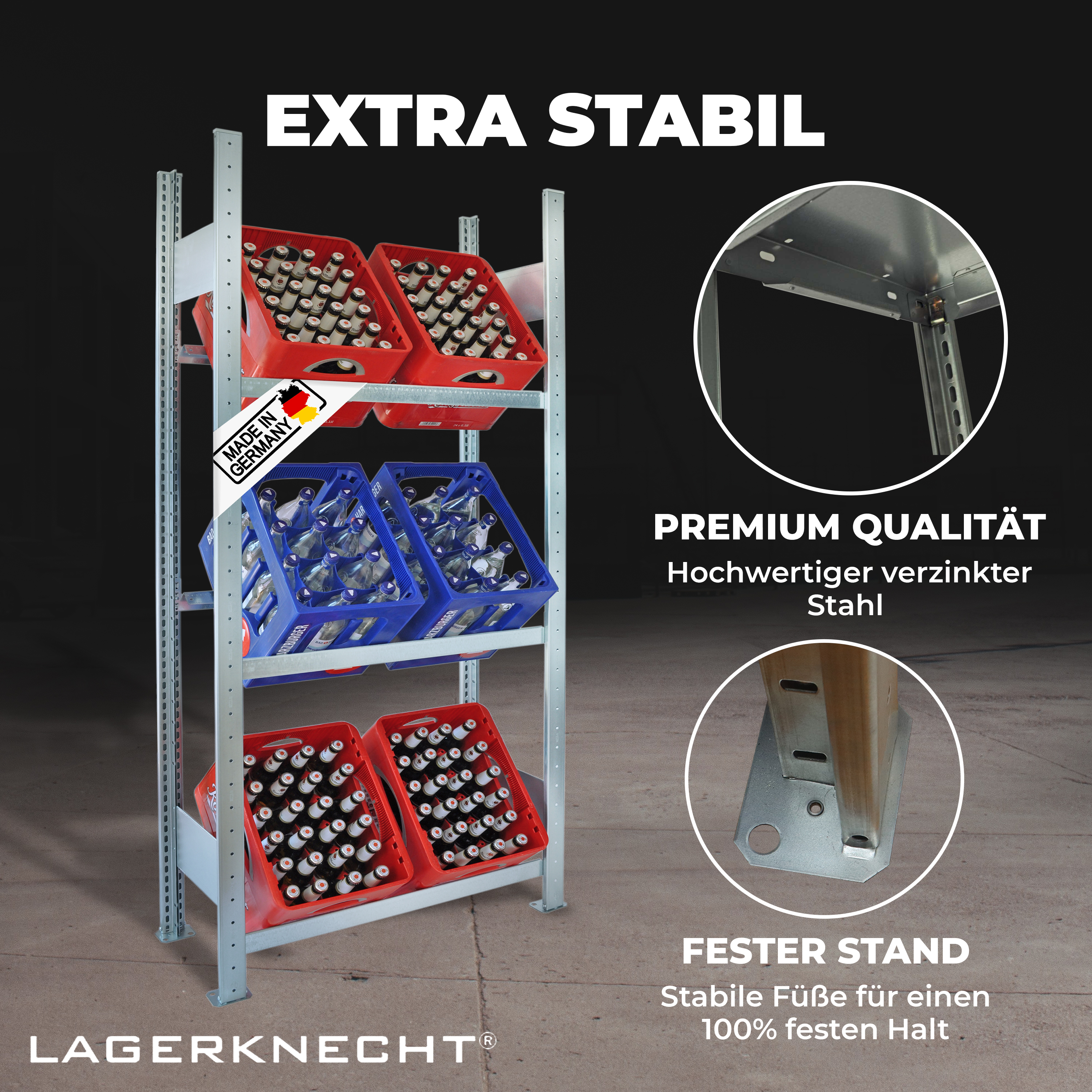 Getränkekistenregal 185×80 cm – 3 Ebenen, Grundregal, verzinkt [18580-3EB-GR]