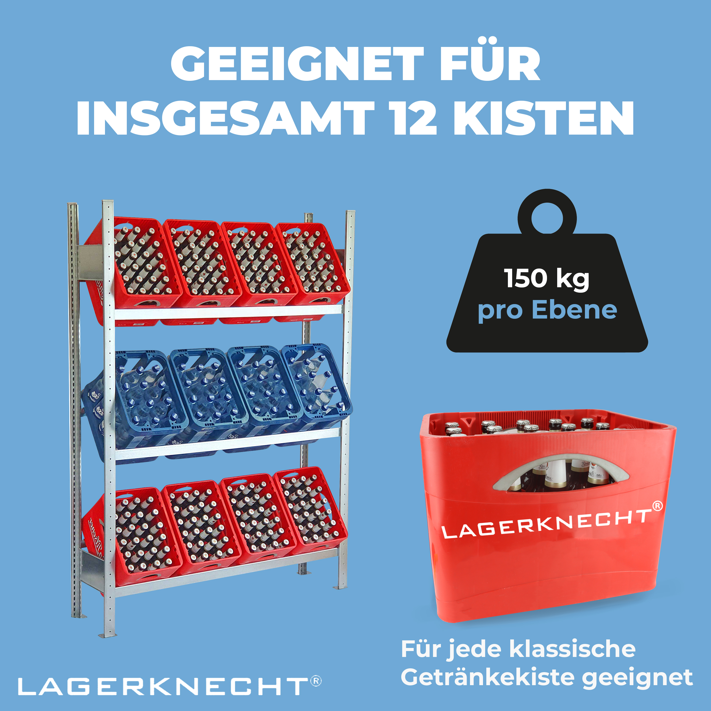 Getränkekistenregal 185×130 cm – 3 Ebenen, Grundregal, verzinkt [185130-3EB-GR]