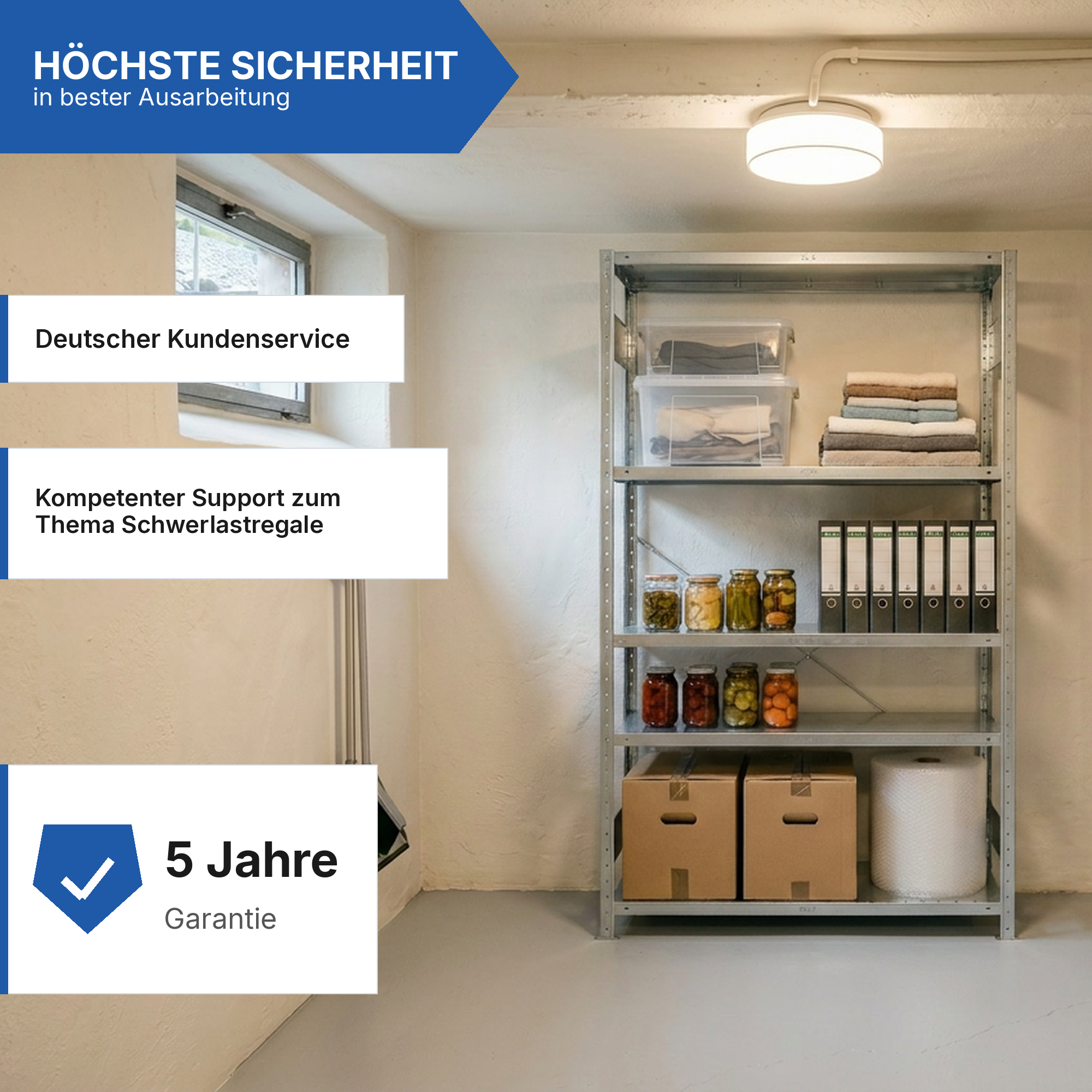 Kellerregal Pro-Flex Stecksystem Grundregal – 200×130×40 cm, 230 kg, verzinkt, 4 Böden
