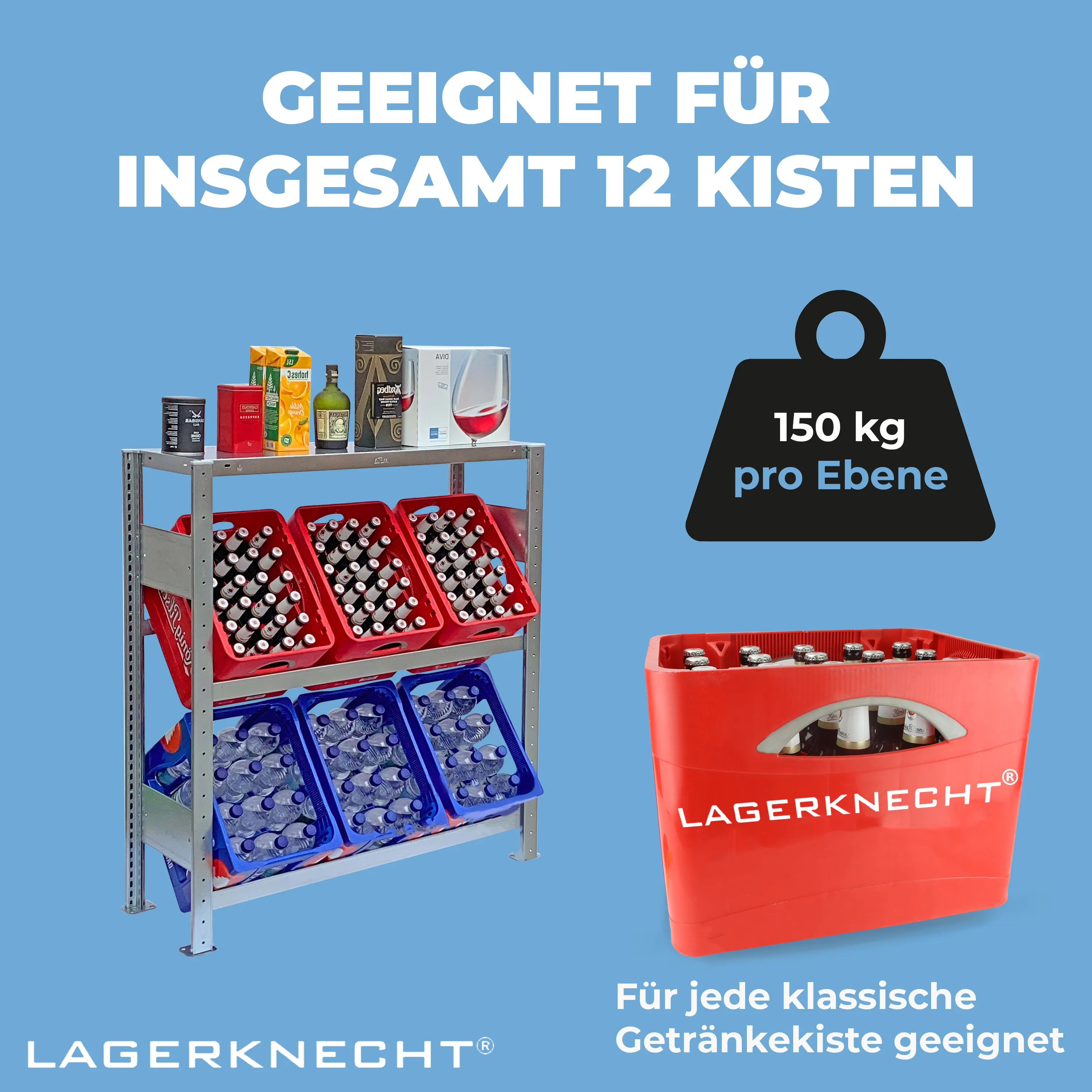 Getränkekistenregal 115×100 cm – 2 Ebenen, mit Fachboden, Grundregal, verzinkt