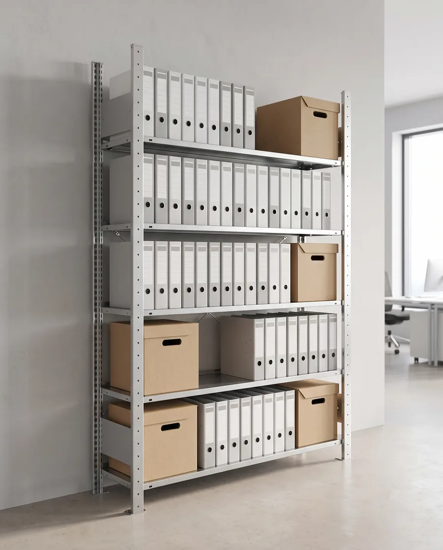 Verzinktes Regal für den Abstellraum an der Wand, befüllt mit Vorräten, Archivboxen, Putzmitteln und Werkzeug