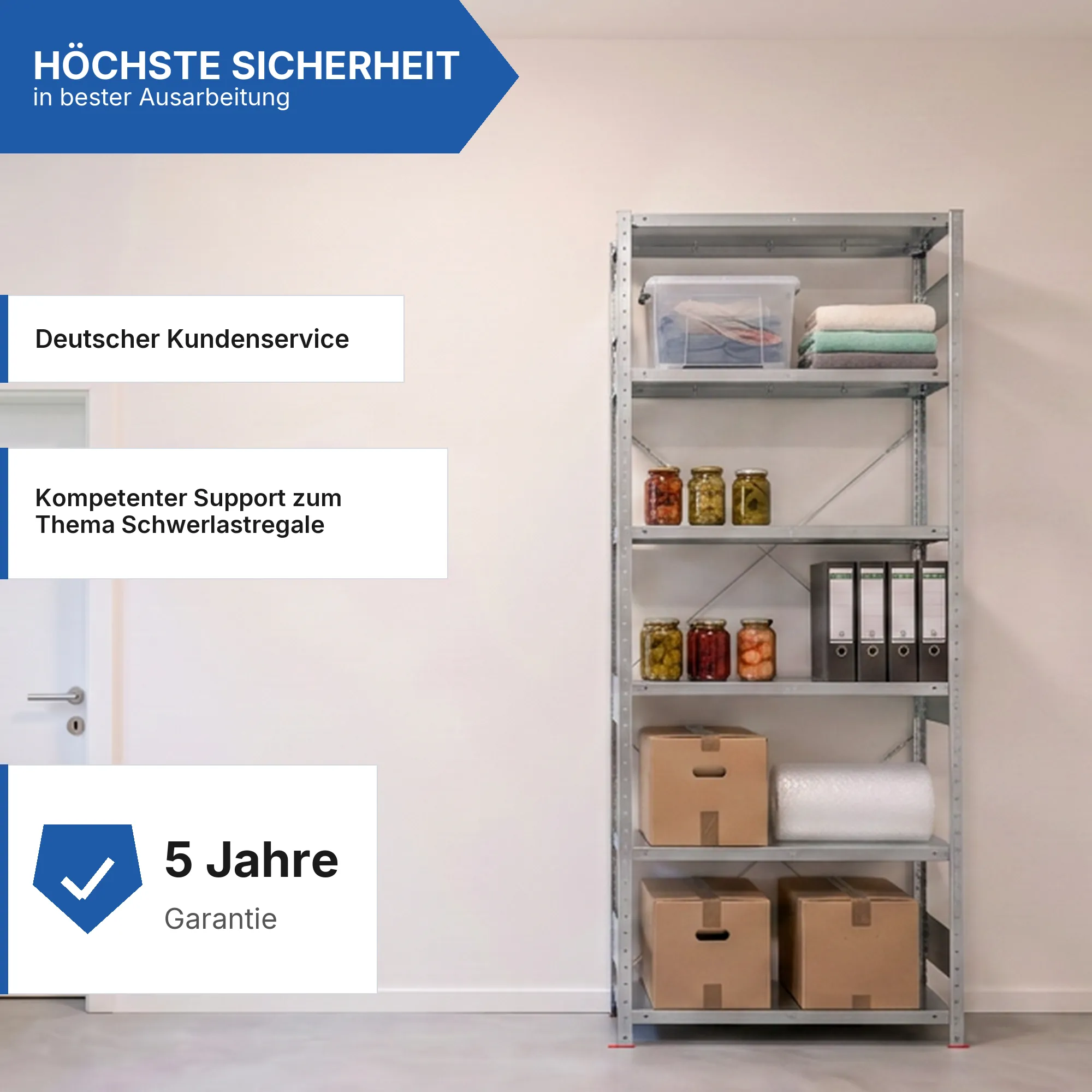 Schwerlastregal Pro-Flex Stecksystem Grundregal – 250×100×40 cm, 150 kg, verzinkt, 6 Böden